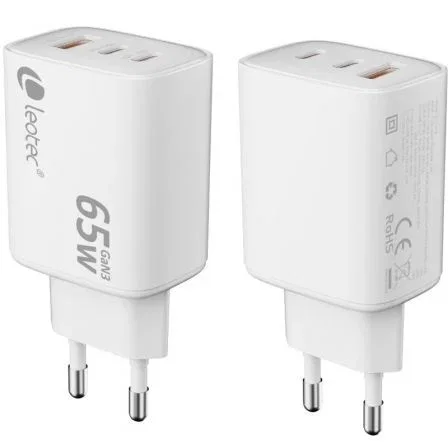 Leotec Cargador de Pared GaN 65W Ultra Slim 2xUSB-C PD + 1xUSB-A Blanco